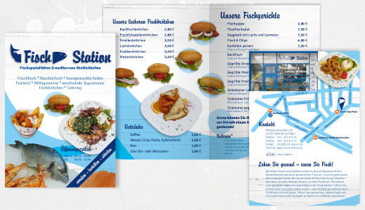 Flyer-Gestaltung für ein Fischrestaurant mit einer Frische-Theke