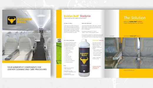 Gestaltung eines 6-Seitigen A4-Flyers für Golden Bull® Reinigungs- und Pflegemittel für Leder zwecks Produktpräsentation