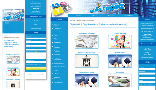 Umsetztung vom vorgegebenen Webdesign mit CMS Contao vom Webdesigner patzerDesign für Media Copy, Print und Copyshop.