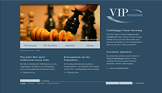 Webdesign und Programmierung vom Webdesigner patzerDesign für VIP-Investment, Investmentberatung.