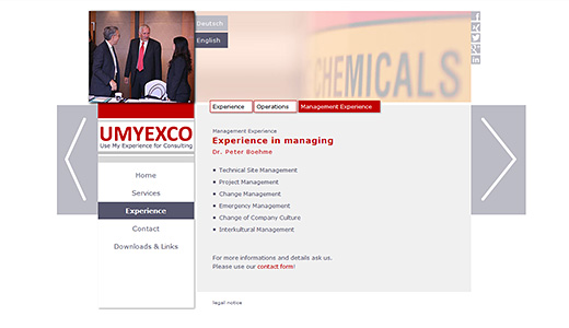 Webdesign und Programmierung vom Webdesigner patzerDesign für UMYEXCO, Managementberatung in der Chemieindustrie.