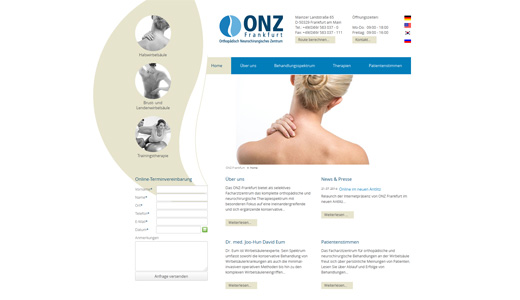 Webdesign und Erstellung von Webseiten mit CMS Contao vom Webdesigner patzerDesign für ONZ-Frankfurt, Neurochirurgie.