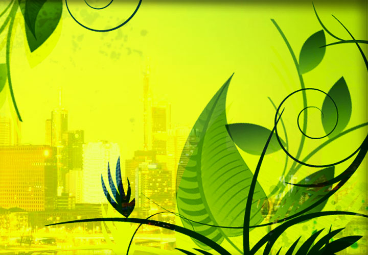 Webdesigner für Webdesign und Mediengestalter für Grafikdesign in Frankfurt am Main erstellte eine Bildercollage aus mehreren Bildern und Grafiken. Im Vordergrund sind Blätter und Ranken zu sehen, die die Collage umschmiegen und eine Perspektive zu der Frankfurter Skyline bieten. Die kreative Zusammensetzung in grünen und gelben Tönen gehalten.